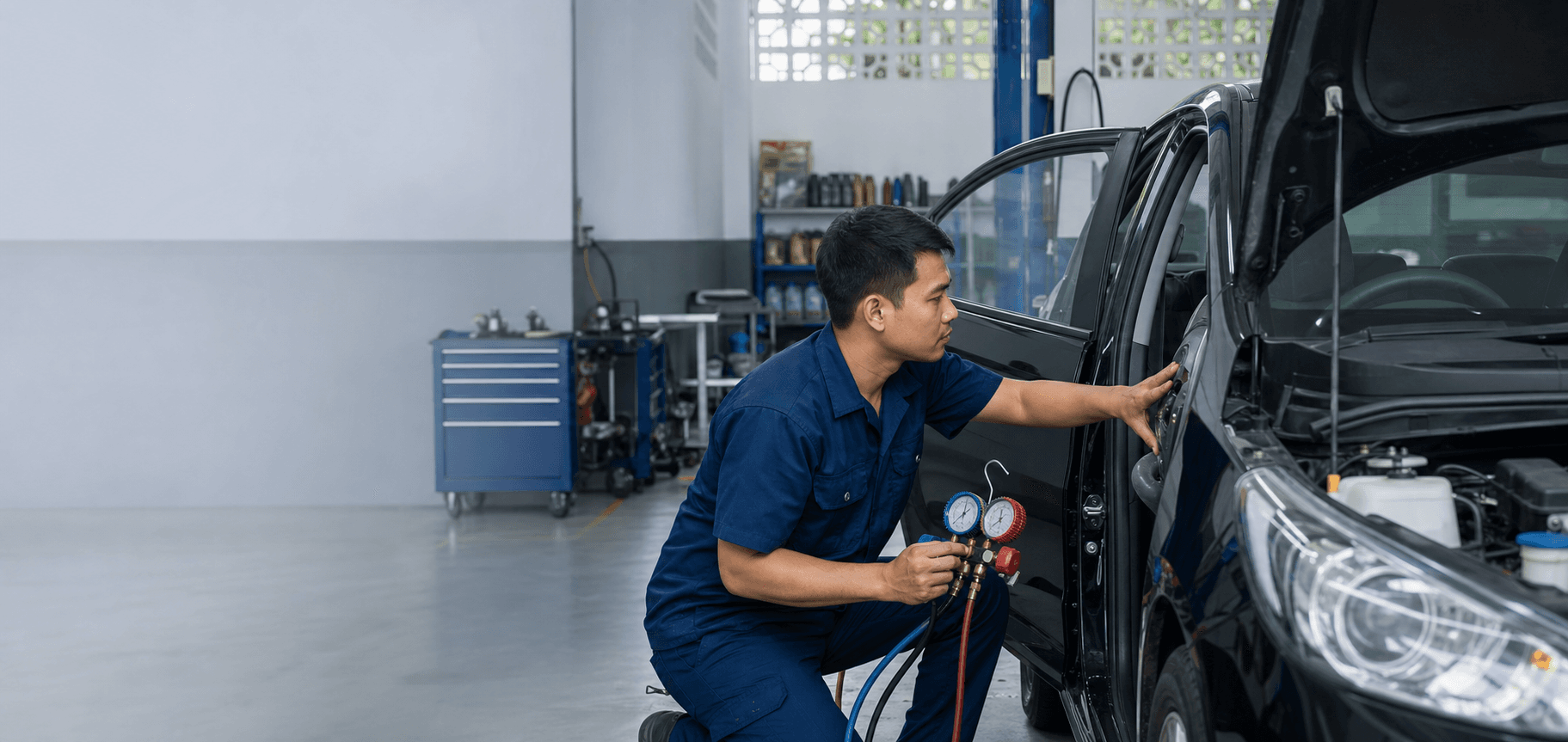 Teknisi bengkel sedang mengecek AC mobil